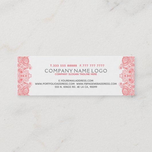 Koraal rood Bloemen Paisley Kant Mini Visitekaartje (Achterkant)