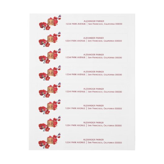 Koraal rood bloemenmetaal metaalkoper monogrammed omwikkelbaar adreslabel (Vel)