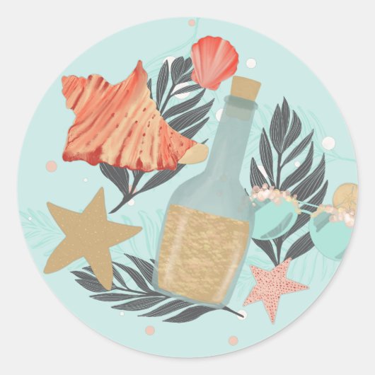 Koraal Rood en Mint Beach Bottle en schelpen Ronde Sticker (Voorkant)