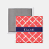Koraal Rood Fantasie Vierbladig Navy Naam Monogram Magneet (Voorkant / Achterkant)