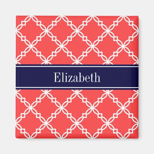 Koraal Rood Fantasie Vierbladig Navy Naam Monogram Magneet (Voorkant)