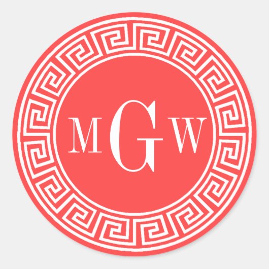 Koraal Rood Grieks Key Monogram Envelop Seals Favo Ronde Sticker (Voorkant)