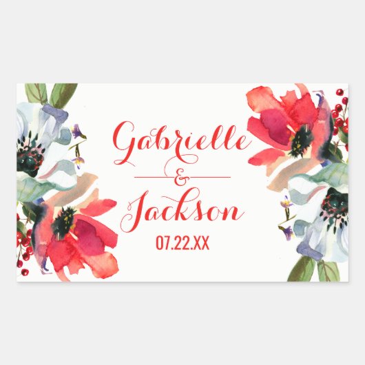 Koraal Rood Klaproos Bloemen Bruiloft Monogram Rechthoekige Sticker (Voorkant)