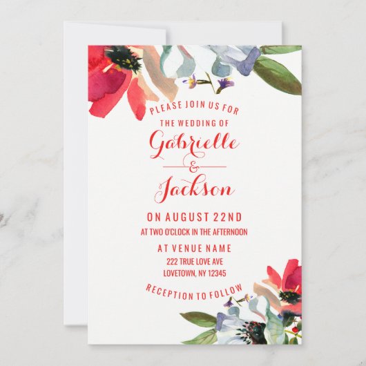 Koraal Rood Klaproos Bloemen Bruiloft Uitnodiginge Kaart (Voorkant)