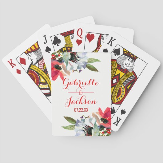 Koraal Rood Klaproos Waterverf Bloemen Bruiloft Fa Speelkaarten (Achterkant)