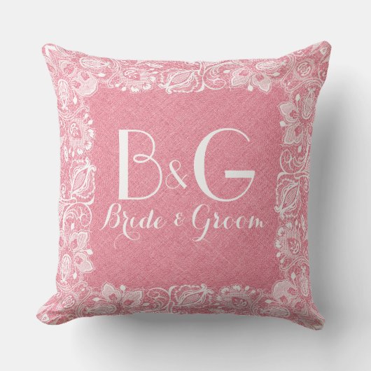 Koraal-rood linnen & wit kant Lijst Kussen (Voorkant)