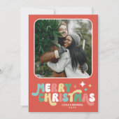 Koraal Rood Retro Groovy Vrolijk Kerstfeest Feestdagenkaart (Voorkant)