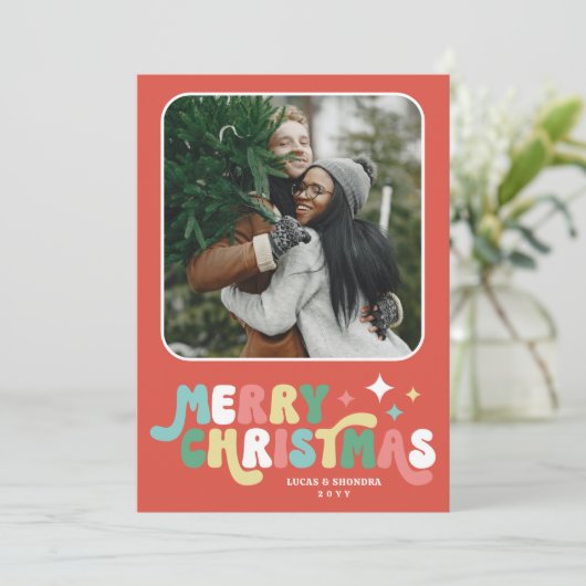 Koraal Rood Retro Groovy Vrolijk Kerstfeest Feestdagenkaart (Staand voorkant)