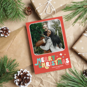 Koraal Rood Retro Groovy Vrolijk Kerstfeest Feestdagenkaart