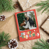 Koraal Rood Retro Groovy Vrolijk Kerstfeest Feestdagenkaart