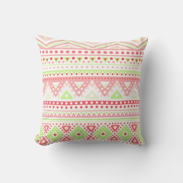 Koraal Rood Roze Lime Groen Aztec Zigzag Patroon Buitenkussen (Voorkant)