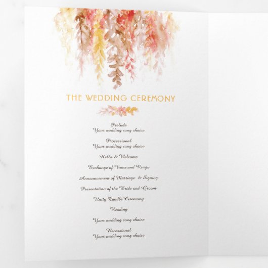 Koraal rood sinaasappel bruin herfst bruiloft drieluik programma (Binnenzijde eerst)