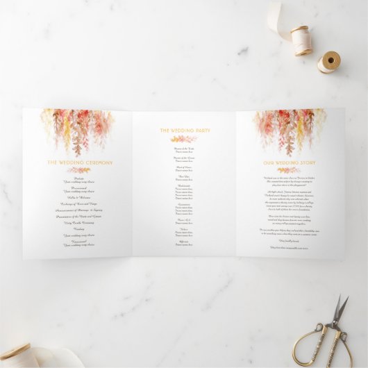 Koraal rood sinaasappel bruin herfst bruiloft drieluik programma (Binnen)
