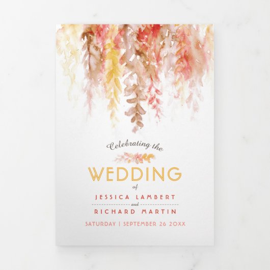 Koraal rood sinaasappel bruin herfst bruiloft drieluik programma (Cover)