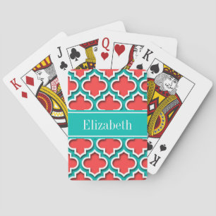 Koraal Rood, Teal Marokkaans #5DS Teal Naam Monogr Pokerkaarten