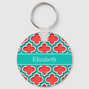 Koraal Rood, Teal Moroccan #5DS Teal Naam Monogram Sleutelhanger