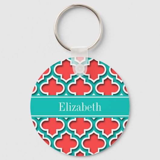 Koraal Rood, Teal Moroccan #5DS Teal Naam Monogram Sleutelhanger (Voorkant)