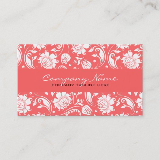 Koraal Rood & Wit Bloemen Damasks Visitekaartje (Voorkant)