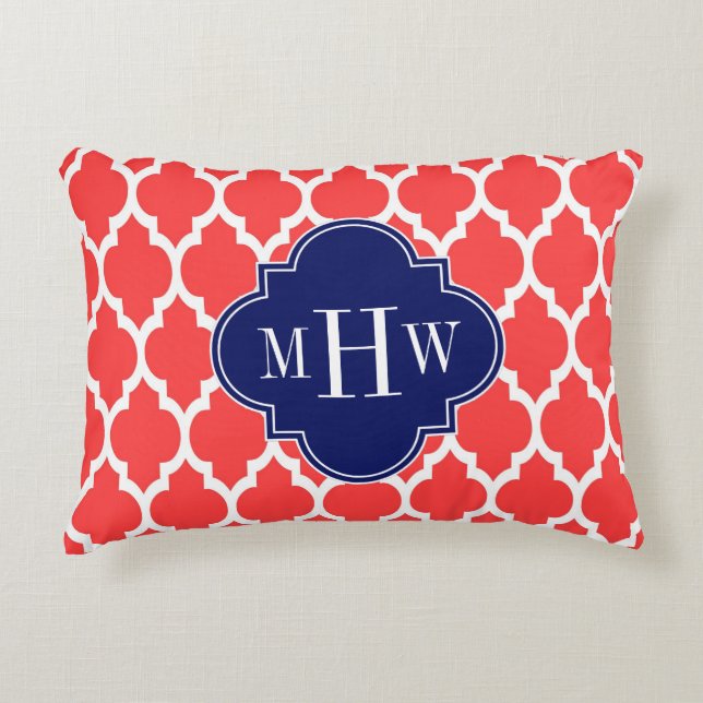 Koraal Rood Wit Marokkaans #4 Marine Naam Monogram Decoratief Kussen (Voorkant)