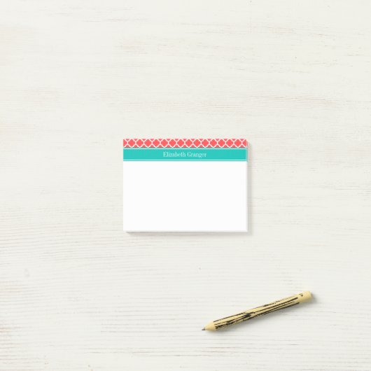 Koraal Rood Wit Marokkaans #5 Teal Naam Monogram Post-it® Notes (Op bureau)