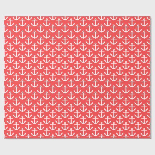 Koraal Rood Wit Nautische Ankers Patroon Cadeaupapier (Vlak)