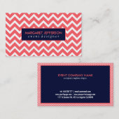 Koraal-rood & wit zigzag Chevron, blauwe accenten Visitekaartje (Voorkant / Achterkant)