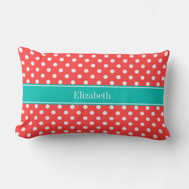 Koraal Rood, Witte Stippen Teal Naam Monogram Kussen (Voorkant)