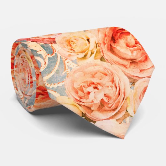  koraal Roos Damask Floral Patroon Stropdas (Opgerold)