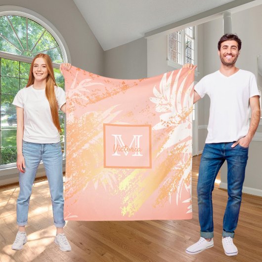 Koraal roos gouden tropische palmbladeren fleece deken