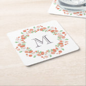 koraal roos met baarmoedermonogram kartonnen onderzetters (Schuin)