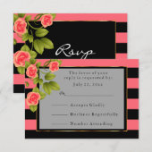 Koraal Roos op koraal- en zwarte strepen RSVP Kaartje (Voorkant / Achterkant)