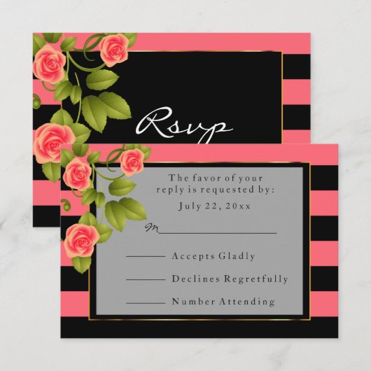 Koraal Roos op koraal- en zwarte strepen RSVP Kaartje (Voorkant / Achterkant)