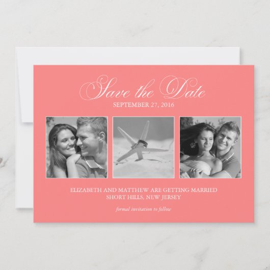 Koraal Roze 3-Foto Sjabloon Trouw Save the Date (Voorkant)