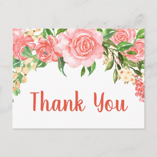 Koraal Roze Aquarelrozen Bedankt Briefkaart (Voorkant)