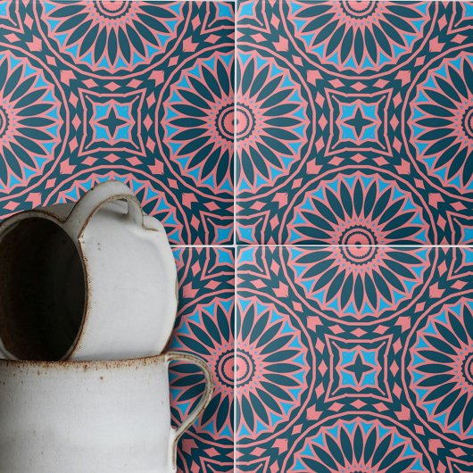 Koraal Roze Blauw Kaleidocopic Geometrisch Patroon Tegeltje