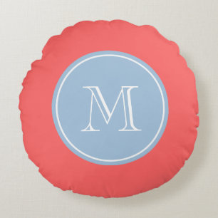 Koraal roze blauwe gepersonaliseerde monogram rond kussen