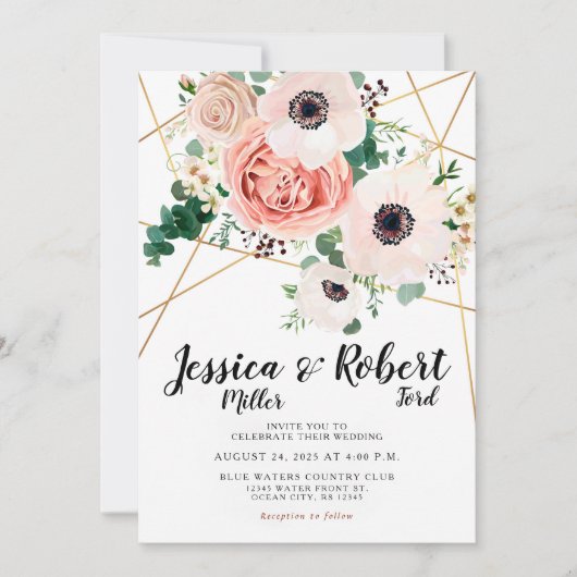 Koraal Roze Bloemen Elegante Bruiloft Achternamen Kaart (Voorkant)