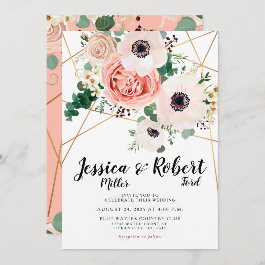 Koraal Roze Bloemen Elegante Bruiloft Achternamen Kaart (Voorkant / Achterkant)