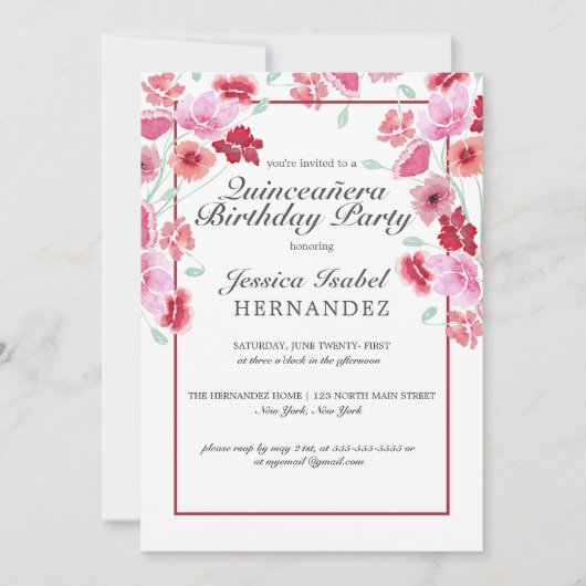 Koraal Roze Bloemen Waterverf Quinceañera Verjaard Kaart (Voorkant)