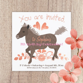 Koraal, Roze, Bruin Pony Verjaardagsfeestuitnodigi Kaart