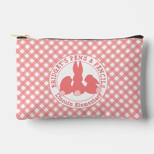 Koraal Roze Bunnies & Gingham Patroon Gepersonalis Etui (Voorkant)
