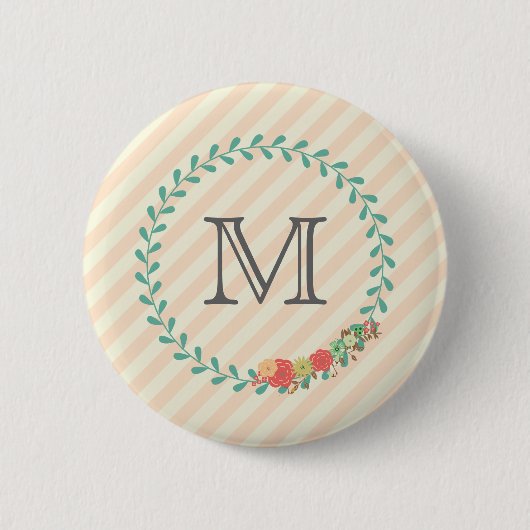 Koraal roze decoratieve bloemenkrans monogram ronde button 5,7 cm (Voorkant)