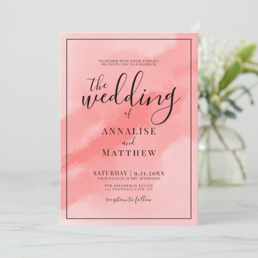 Koraal Roze Eenvoudige Elegante Waterverf Wedding Kaart (Staand voorkant)