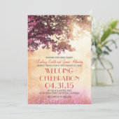 Koraal roze eik boom & liefde vogels bruiloft uitn kaart (Staand voorkant)