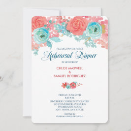 Koraal Roze en Aqua Flora Huwelijksrepetitie Diner Kaart