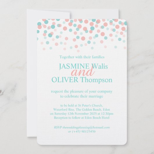 Koraal roze en blauwgroen groen blauw bruiloft uit kaart (Achterkant)