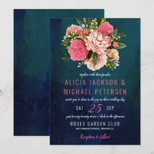 Koraal roze en blush bloemen boeket moody bruiloft kaart