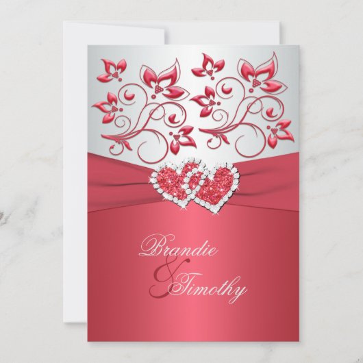 Koraal Roze en Grijs Bloemen Harten Bruiloft Uitno Kaart (Voorkant)