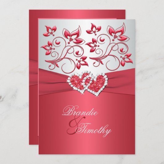 Koraal Roze en Grijs Bloemen Harten Bruiloft Uitno Kaart (Voorkant / Achterkant)