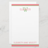 Koraal Roze en Groen Monogram Briefpapier (Voorkant / Achterkant)